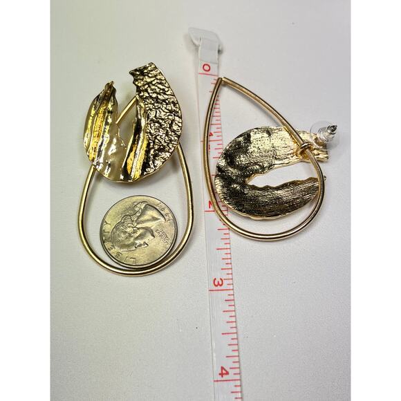 Modernist Gold Teardrop Drop Earrings Organic Open Hoop Dangle Boho Chic - Picture 4 of 5